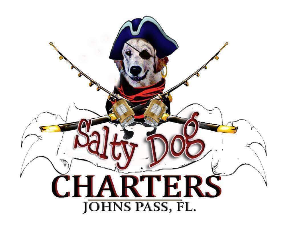 Pirate-themed dog logo with fishing rods, only available at Salty Dog Fishing Charters-Johns Pass-Treasure Island.